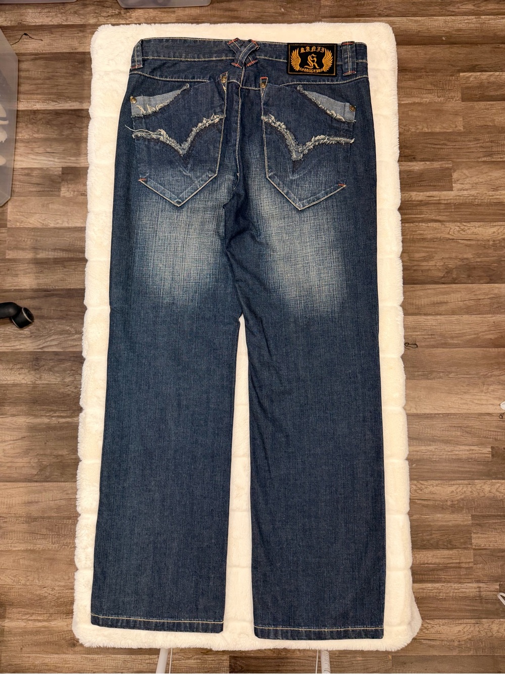 Vintage Kanji Baggy Frayed Pocket Denim Jeans Mens 38x32 Y2K